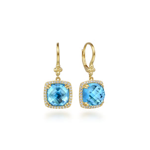 14K Yellow Gold Bujukan Cushion Blue Topaz’s with Diamond Halo Earrings