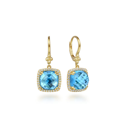 14K Yellow Gold Bujukan Cushion Blue Topaz’s with Diamond Halo Earrings