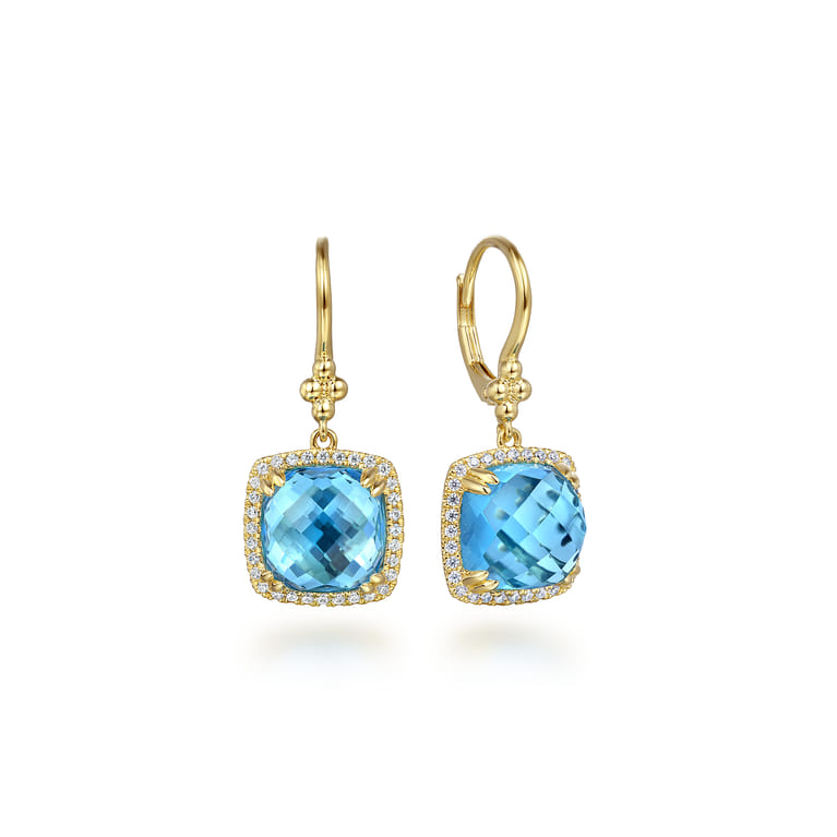 14K Yellow Gold Bujukan Cushion Blue Topaz’s with Diamond Halo Earrings - 0.3 ct - Shot 1
