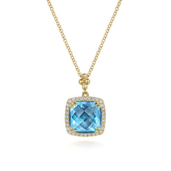 14K Yellow Gold Bujukan Cushion Blue Topaz with Diamond Halo Necklace
