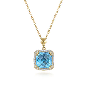 14K Yellow Gold Bujukan Cushion Blue Topaz with Diamond Halo Necklace