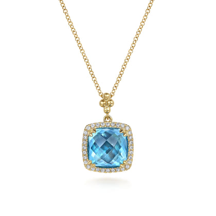 14K Yellow Gold Bujukan Cushion Blue Topaz with Diamond Halo Necklace