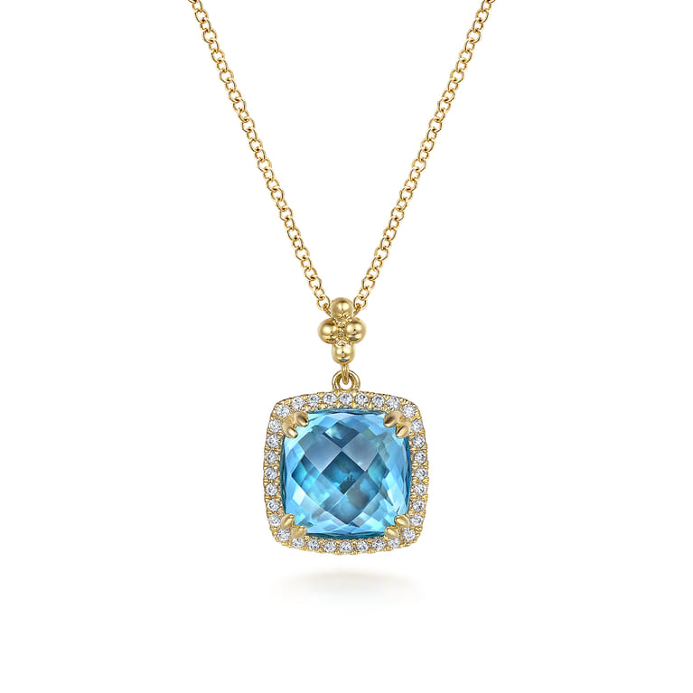 14K Yellow Gold Bujukan Cushion Blue Topaz with Diamond Halo Necklace - 0.16 ct - Shot 1