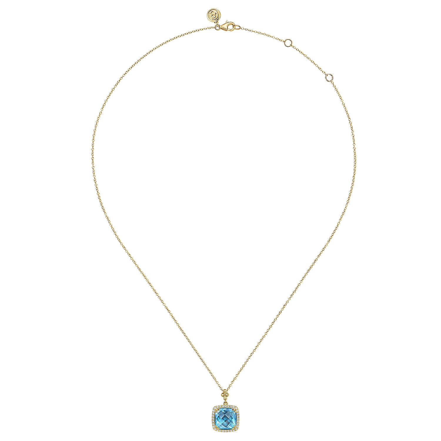 14K Yellow Gold Bujukan Cushion Blue Topaz with Diamond Halo Necklace