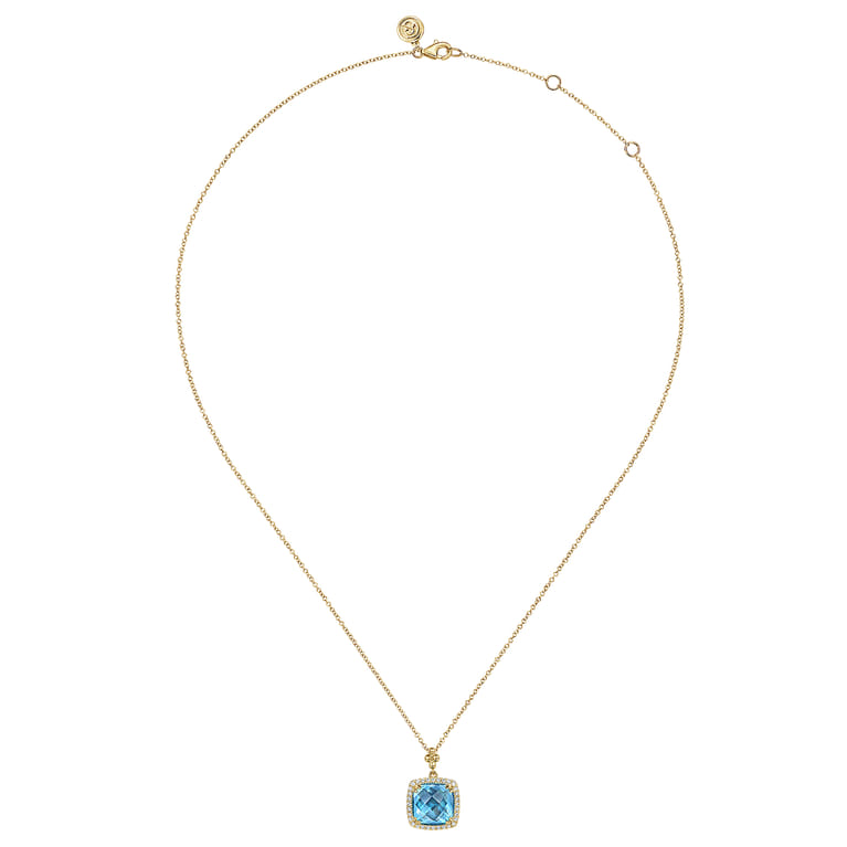 14K Yellow Gold Bujukan Cushion Blue Topaz with Diamond Halo Necklace - 0.16 ct - Shot 2
