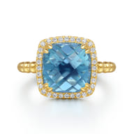 14K Yellow Gold Bujukan Cushion Blue Topaz with Diamond Halo Ring