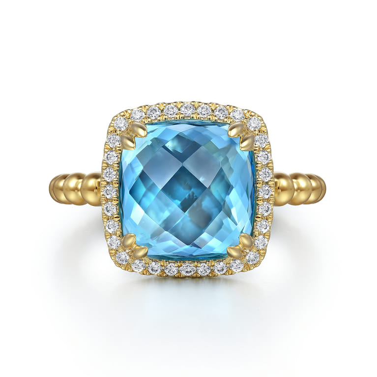 14K Yellow Gold Bujukan Cushion Blue Topaz with Diamond Halo Ring - 0.16 ct - Shot 1