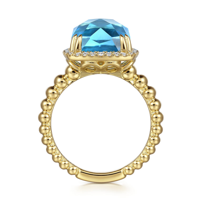 14K Yellow Gold Bujukan Cushion Blue Topaz with Diamond Halo Ring - 0.16 ct - Shot 2