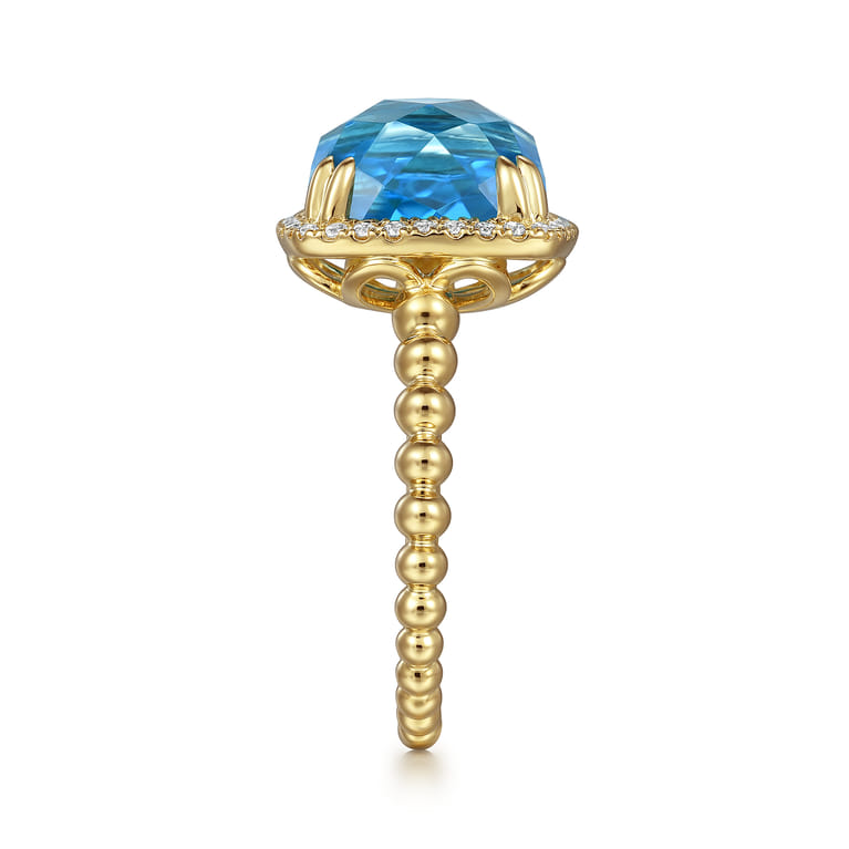 14K Yellow Gold Bujukan Cushion Blue Topaz with Diamond Halo Ring - 0.16 ct - Shot 4