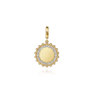 14K Yellow Gold Bujukan Diamond 18mm Round Shape Personalize Medallion Pendant With Detachable Bail