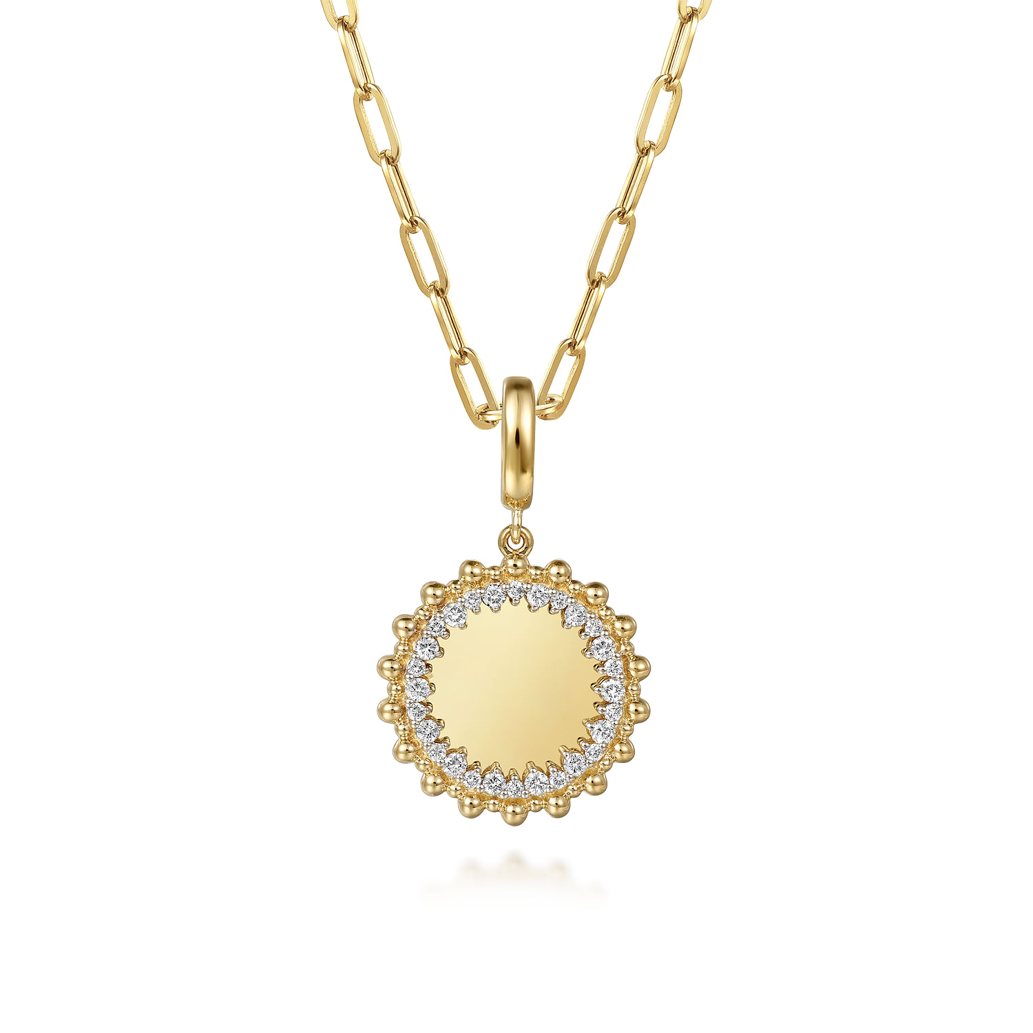 14K Yellow Gold Bujukan Diamond 18mm Round Shape Personalize Medallion Pendant With Detachable Bail