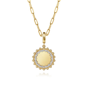 14K Yellow Gold Bujukan Diamond 18mm Round Shape Personalize Medallion Pendant With Detachable Bail