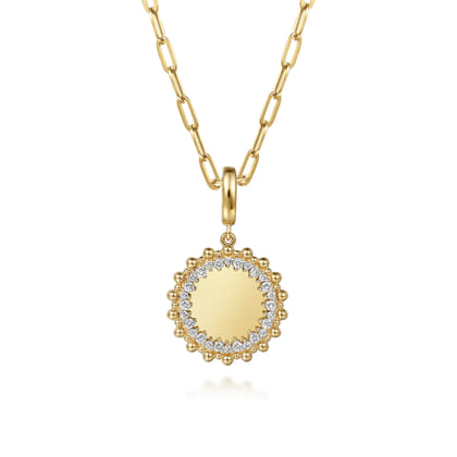 14K Yellow Gold Bujukan Diamond 18mm Round Shape Personalize Medallion Pendant With Detachable Bail