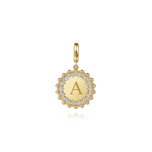 14K Yellow Gold Bujukan Diamond 18mm Round Shape Personalize Medallion Pendant With Detachable Bail