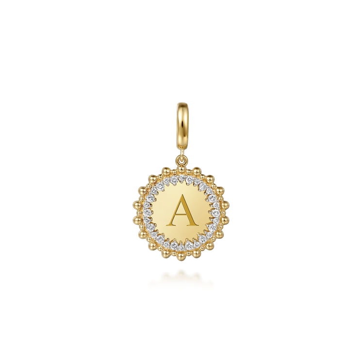 14K Yellow Gold Bujukan Diamond 18mm Round Shape Personalize Medallion Pendant With Detachable Bail