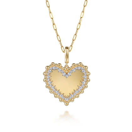 14K Yellow Gold Bujukan Diamond 24mm Heart Medallion Pendantwith Detachable Bail