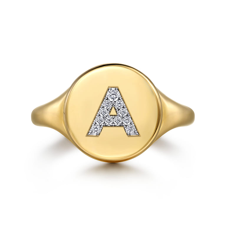 14K Yellow Gold Bujukan Diamond A Initial Signet Ring - 0.05 ct - Shot 1