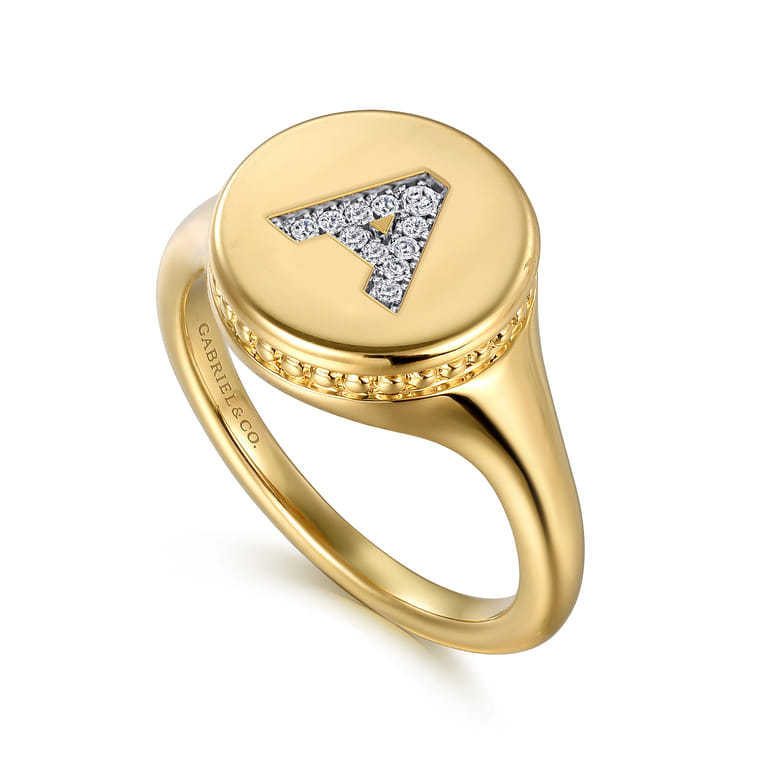 14K Yellow Gold Bujukan Diamond A Initial Signet Ring - 0.05 ct - Shot 3