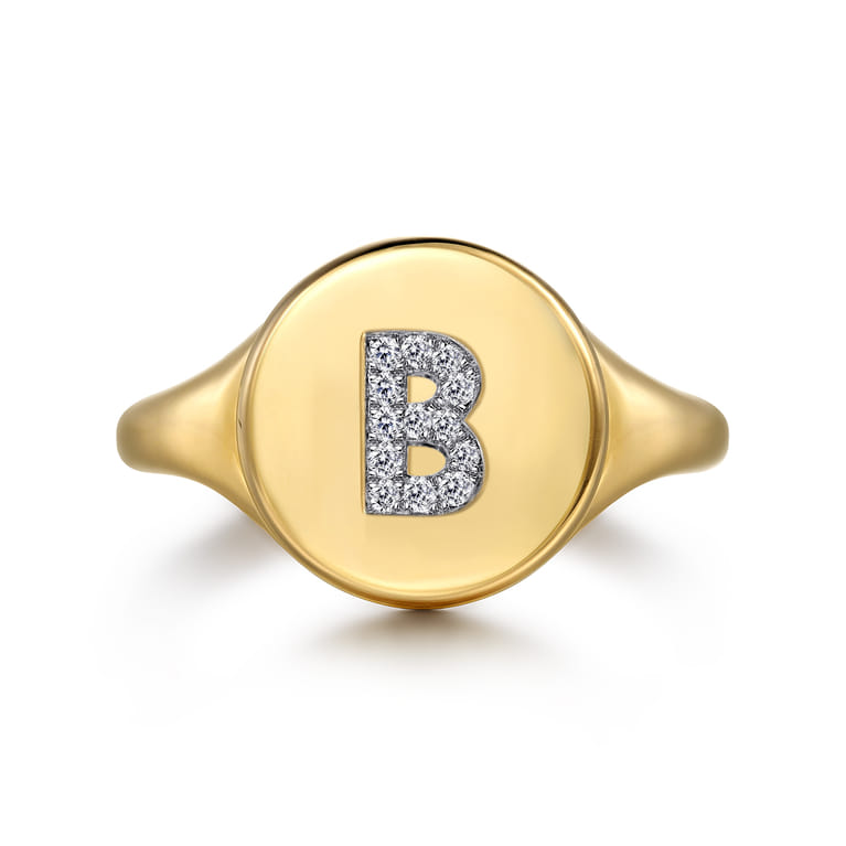14K Yellow Gold Bujukan Diamond B Initial Signet Ring - 0.05 ct - Shot 1