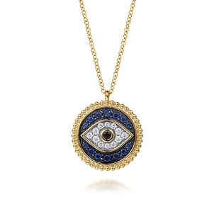 14K Yellow Gold Bujukan Diamond Blue Sapphire and Black Spinel Evil Eye Pendant Necklace