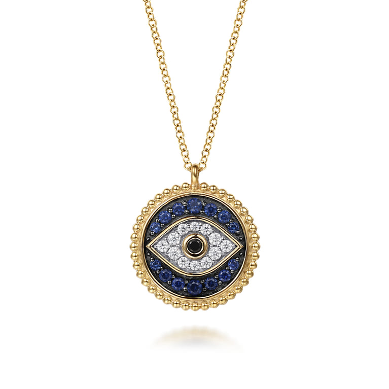 14K Yellow Gold Bujukan Diamond Blue Sapphire and Black Spinel Evil Eye Pendant Necklace - 0.17 ct - Shot 1