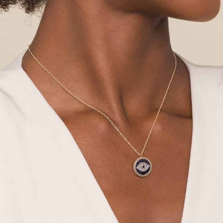 14K Yellow Gold Bujukan Diamond Blue Sapphire and Black Spinel Evil Eye Pendant Necklace - 0.17 ct - Shot 3