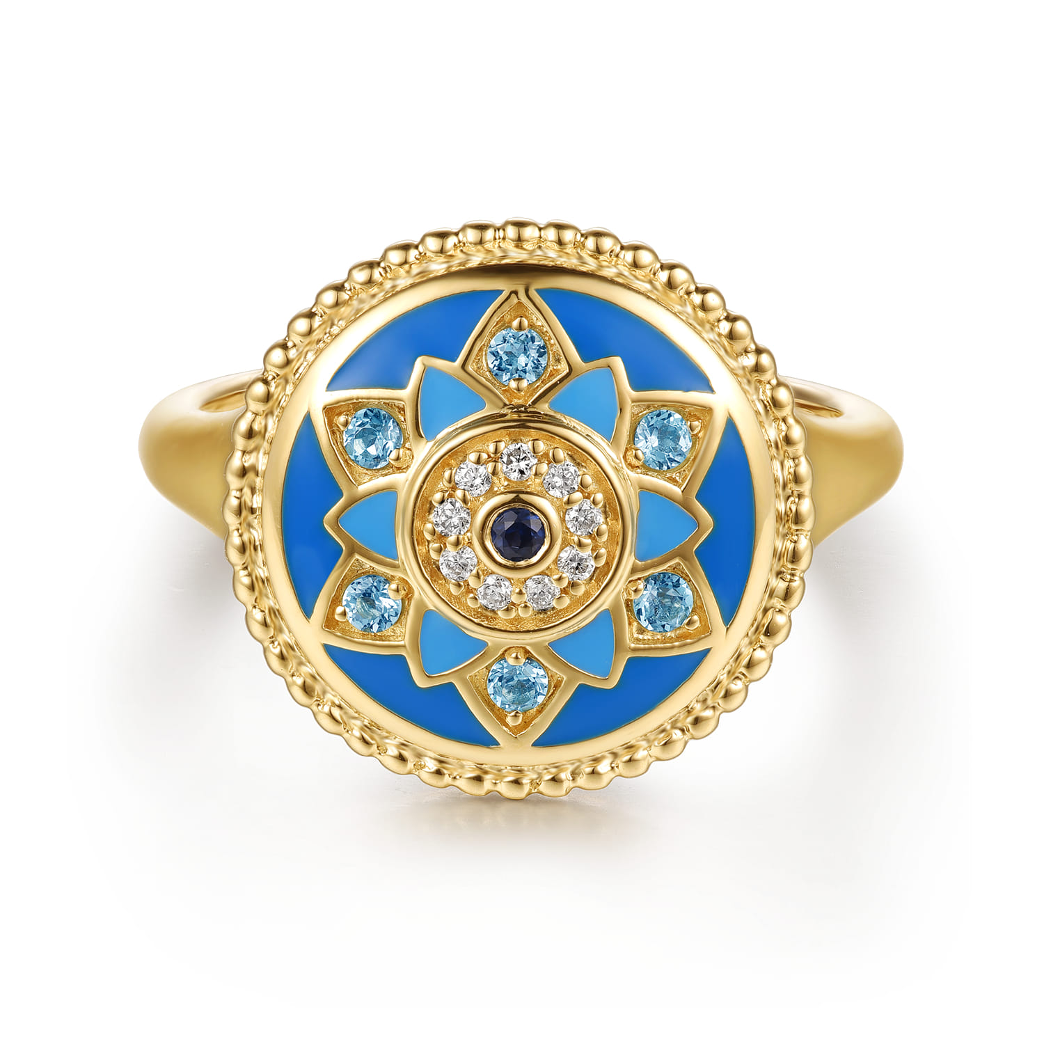 14K Yellow Gold Bujukan Diamond Blue Sapphire and Blue Topaz Signet Ring with Dusk Blue and Blue Enamel