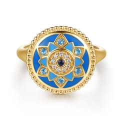 14K Yellow Gold Bujukan Diamond Blue Sapphire and Blue Topaz Signet Ring with Dusk Blue and Blue Enamel