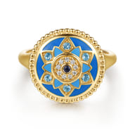 14K Yellow Gold Bujukan Diamond Blue Sapphire and Blue Topaz Signet Ring with Dusk Blue and Blue Enamel