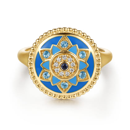 14K Yellow Gold Bujukan Diamond Blue Sapphire and Blue Topaz Signet Ring with Dusk Blue and Blue Enamel
