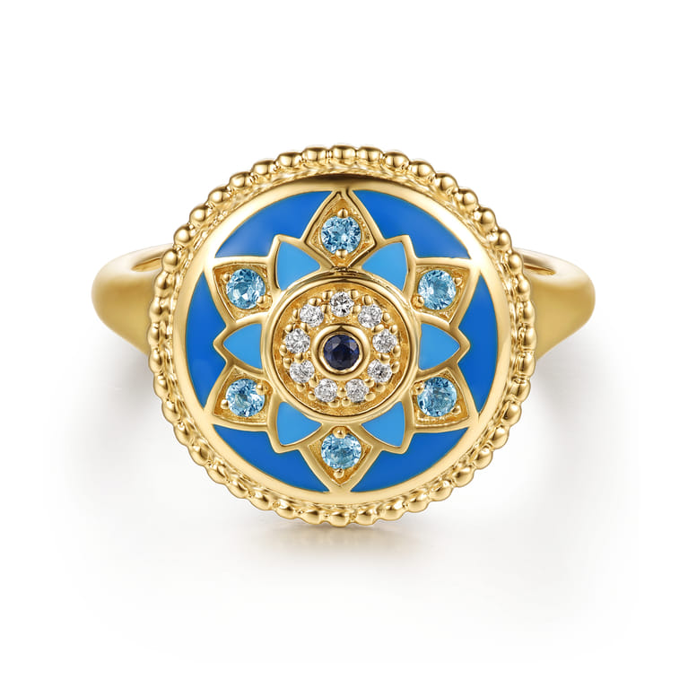 14K Yellow Gold Bujukan Diamond Blue Sapphire and Blue Topaz Signet Ring with Dusk Blue and Blue Enamel - 0.03 ct - Shot 1