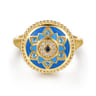14K Yellow Gold Bujukan Diamond Blue Sapphire and Blue Topaz Signet Ring with Dusk Blue and Blue Enamel - 0.03 ct