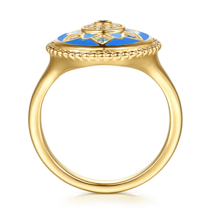 14K Yellow Gold Bujukan Diamond Blue Sapphire and Blue Topaz Signet Ring with Dusk Blue and Blue Enamel