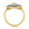 14K Yellow Gold Bujukan Diamond Blue Sapphire and Blue Topaz Signet Ring with Dusk Blue and Blue Enamel - 0.03 ct