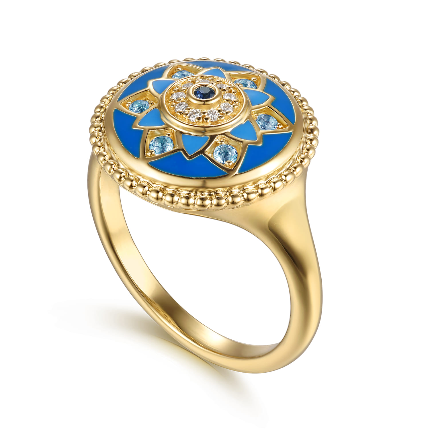 14K Yellow Gold Bujukan Diamond Blue Sapphire and Blue Topaz Signet Ring with Dusk Blue and Blue Enamel