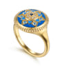 14K Yellow Gold Bujukan Diamond Blue Sapphire and Blue Topaz Signet Ring with Dusk Blue and Blue Enamel - 0.03 ct