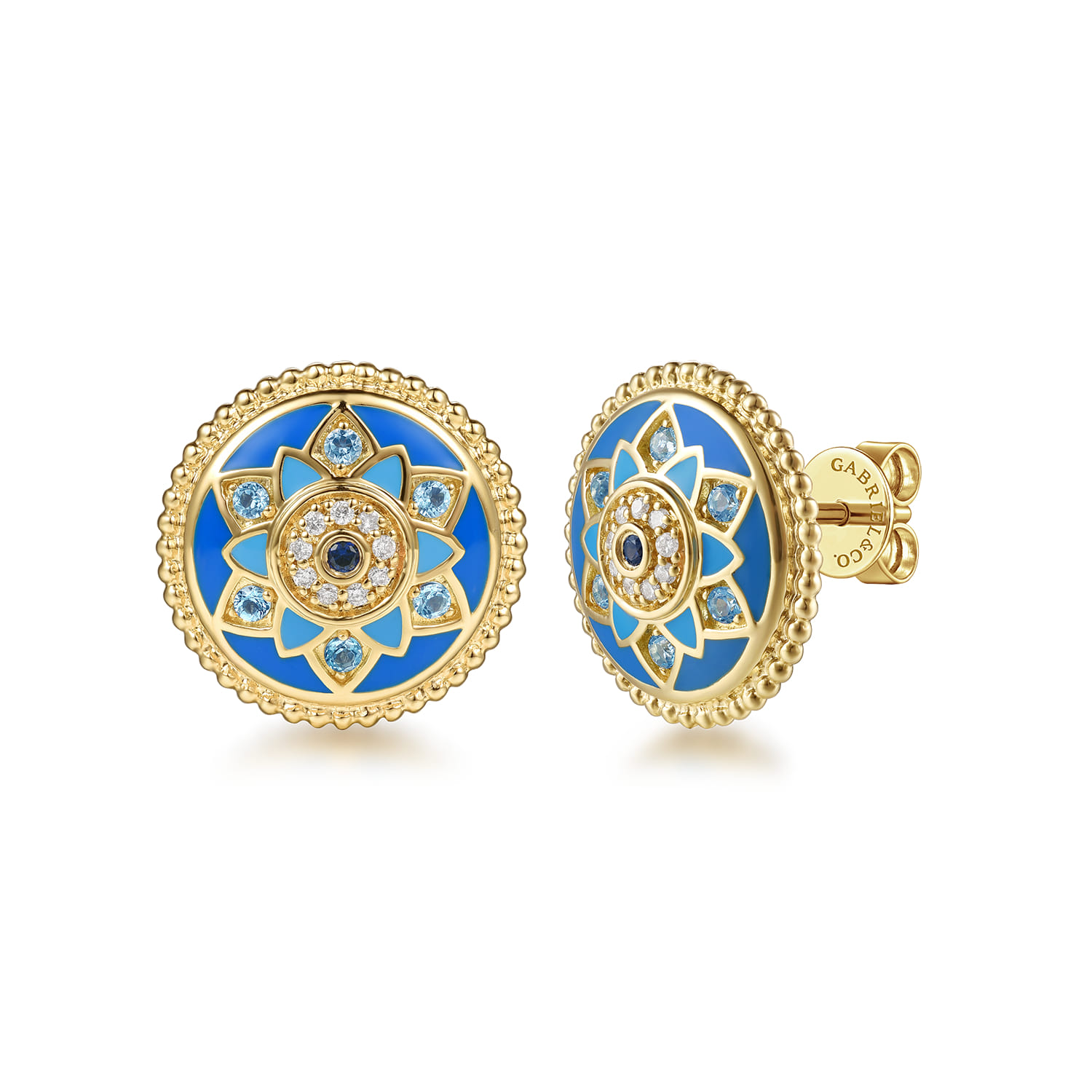 14K Yellow Gold Bujukan Diamond Blue Sapphire and Blue Topaz Stud Earrings with Dusk Blue and Blue Enamel - 0.07 ct - Shot 1