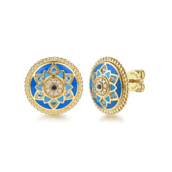 14K Yellow Gold Bujukan Diamond Blue Sapphire and Blue Topaz Stud Earrings with Dusk Blue and Blue Enamel