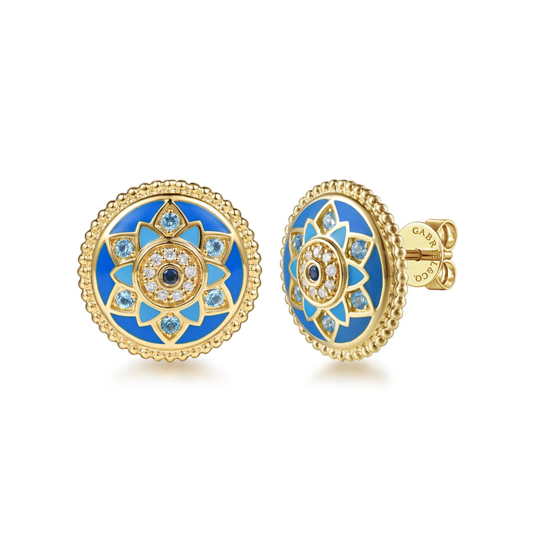 14K Yellow Gold Bujukan Diamond Blue Sapphire and Blue Topaz Stud Earrings with Dusk Blue and Blue Enamel - 0.07 ct - Shot 1