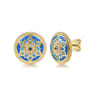 14K Yellow Gold Bujukan Diamond Blue Sapphire and Blue Topaz Stud Earrings with Dusk Blue and Blue Enamel - 0.07 ct