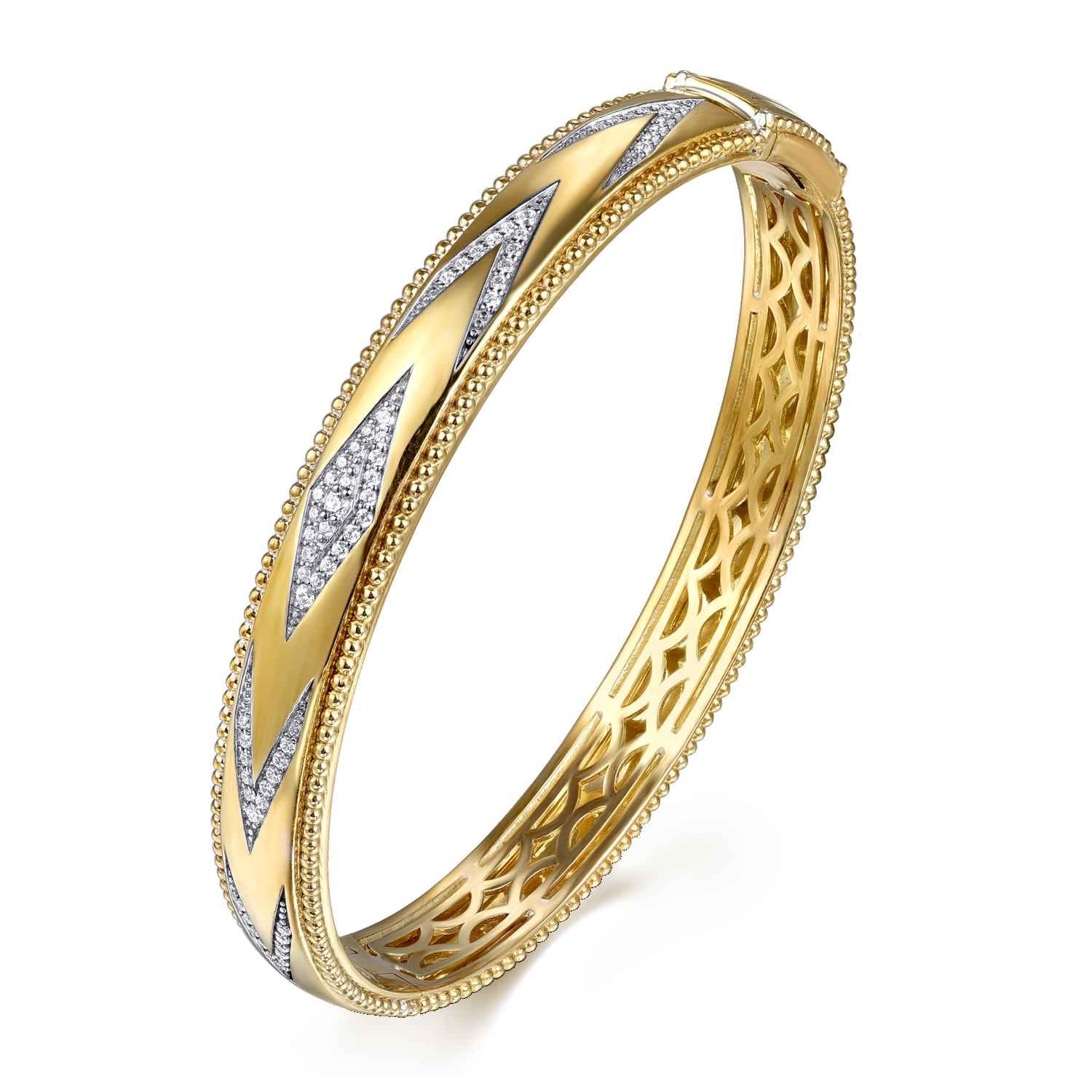 14K Yellow Gold Bujukan Diamond Chevron Pattern Bangle Bracelet - 0.35 ct - Shot 2