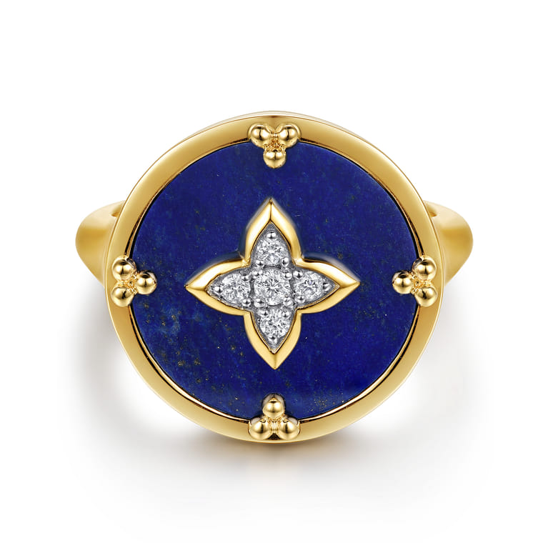 14K Yellow Gold Bujukan Diamond Clover Signet Ring - 0.08 ct - Shot 1