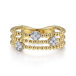 14K Yellow Gold Bujukan Diamond Cluster Stations Easy Stackable Ring