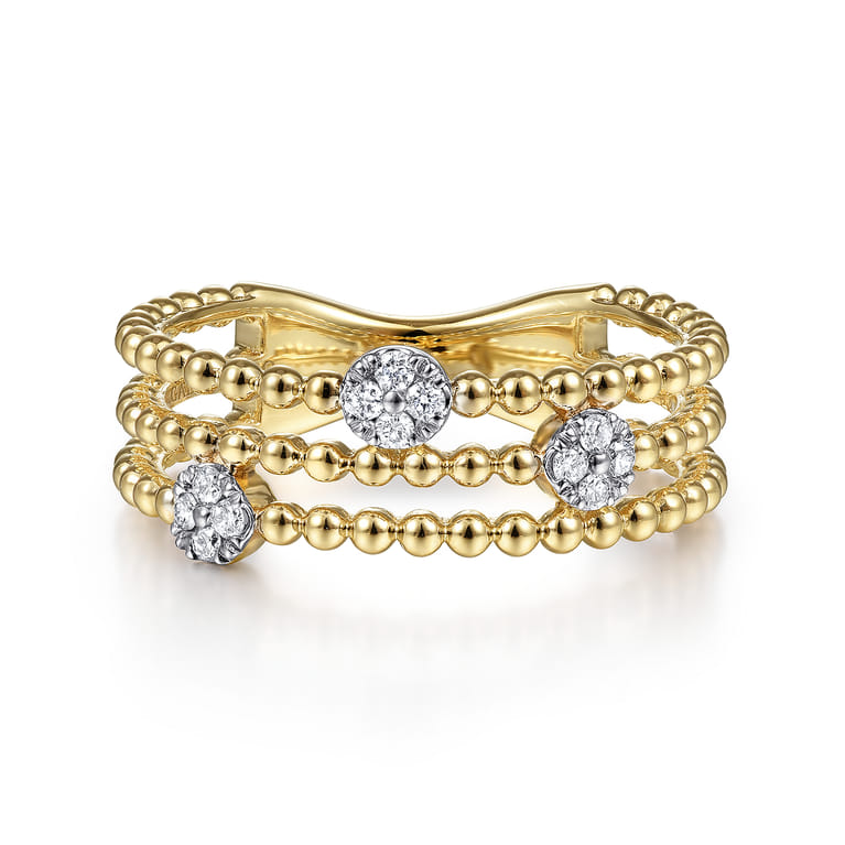 14K Yellow Gold Bujukan Diamond Cluster Stations Easy Stackable Ring - 0.09 ct - Shot 1