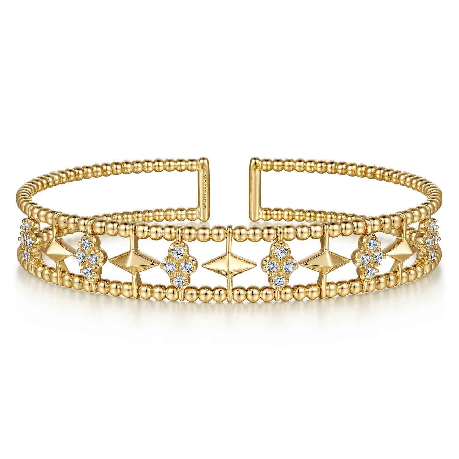 14K Yellow Gold Bujukan Diamond Cluster and Gold Pyramid Cuff Bangle - 0.57 ct - Shot 1