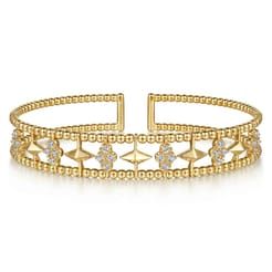 14K Yellow Gold Bujukan Diamond Cluster and Gold Pyramid Cuff Bangle