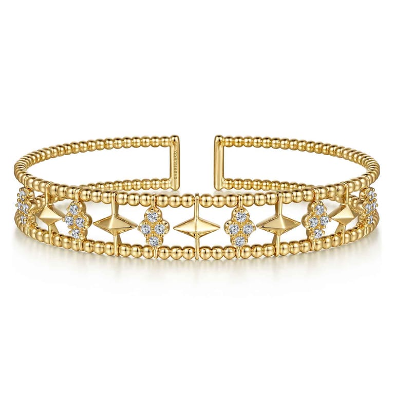 14K Yellow Gold Bujukan Diamond Cluster and Gold Pyramid Cuff Bangle - 0.57 ct - Shot 1