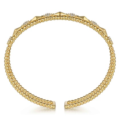 14K Yellow Gold Bujukan Diamond Cluster and Gold Pyramid Cuff Bangle