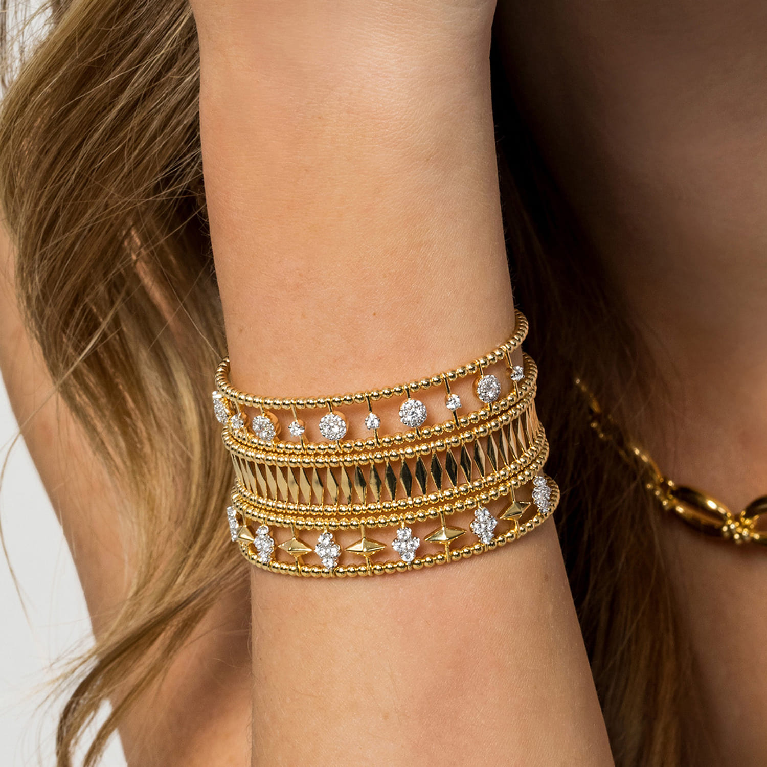 14K Yellow Gold Bujukan Diamond Cluster and Gold Pyramid Cuff Bangle - 0.57 ct - Shot 5