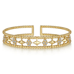 14K Yellow Gold Bujukan Diamond Cluster and Gold Pyramid Cuff Bangle